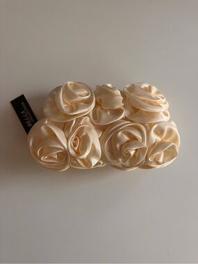 Elegant Satin Rose Clutch - Cream Evening Bag NWT